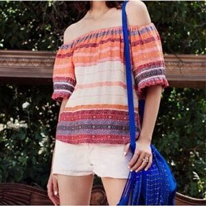 AS by DF Embroidered Blouse Cream Red Stripe Off The Shoulder Coast Gypsy Top S